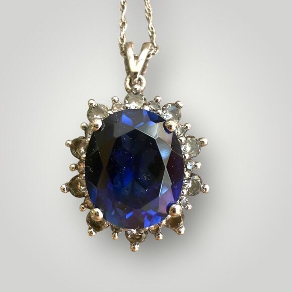 Jewelry - Sterling Silver 925, Blue Oval Stone, Vintage, Halo Pendant, Necklace 18 inch